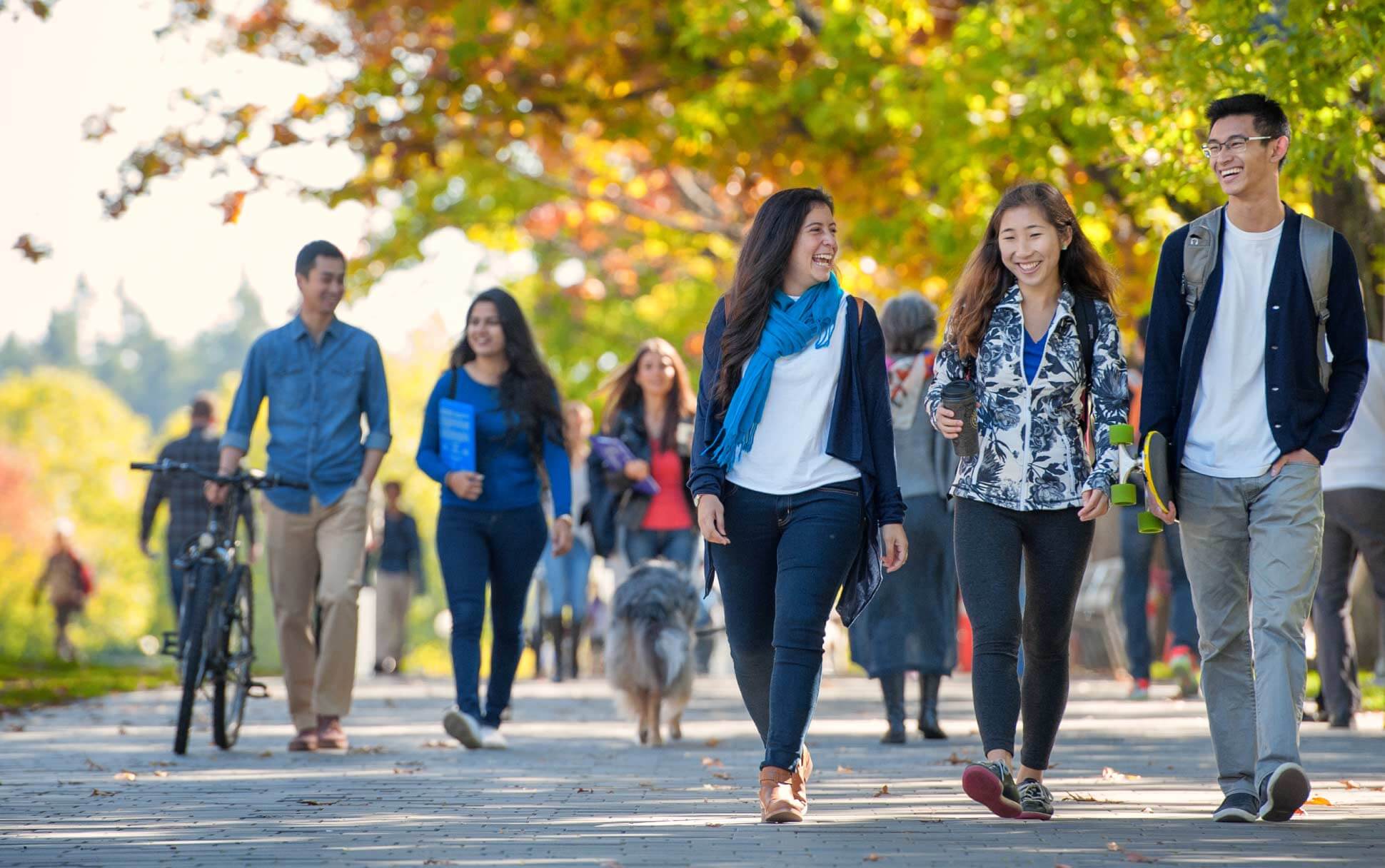 Groups of visitors walk along the paths at the UBC Vancouver campus