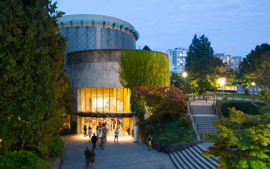 Visitors enter the Chan Centre at UBC Vancouver for an evening musical concert.