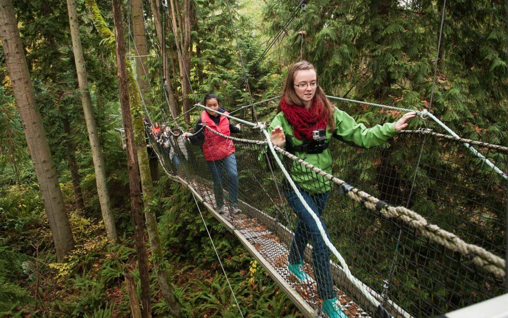 Visitors walk along suspended bridges in the trees at the Greenheart TreeWalk at UBC's Botanical Garden in Vancouver