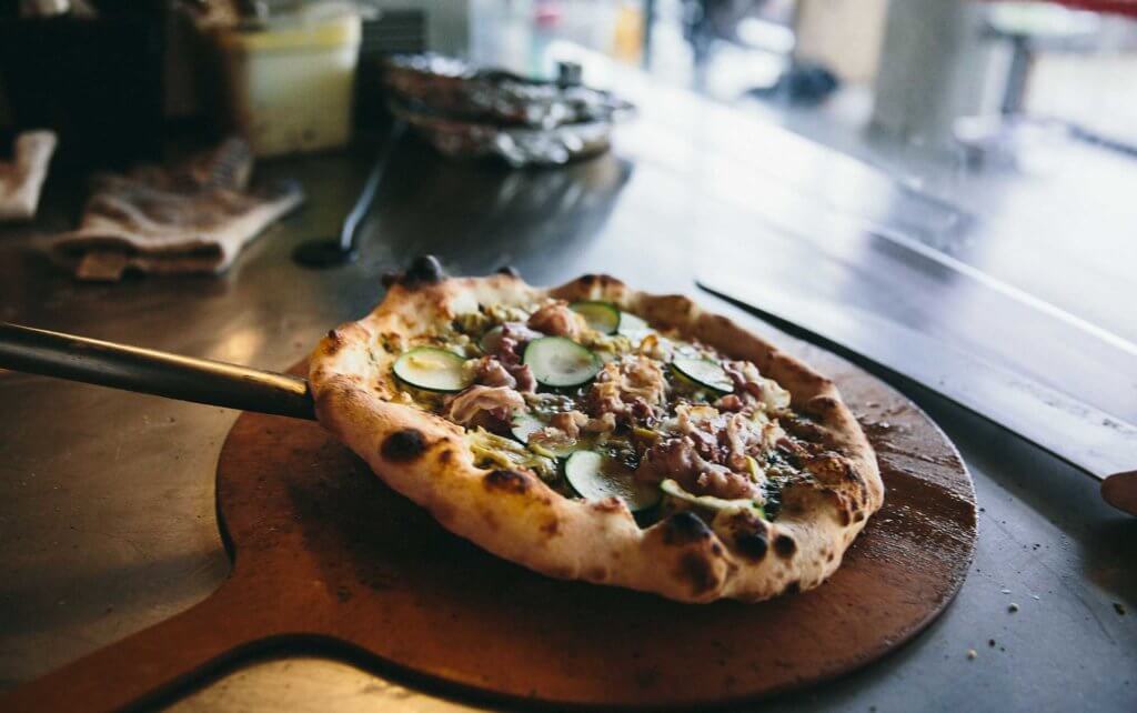 A freshly made pizza from Mercante at UBC Vancouver
