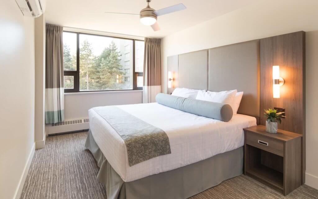 The bedroom in a standard suite, an accommodation option at UBC Vancouver