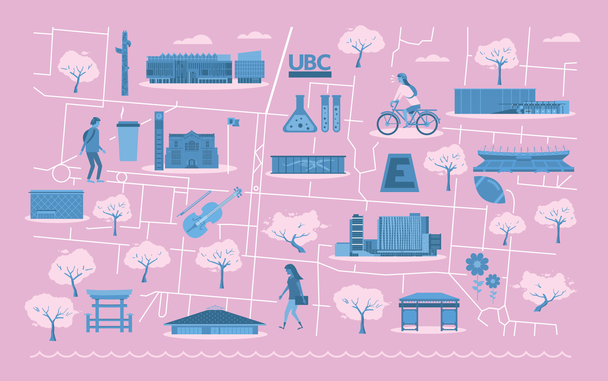Illustration of the UBC Vancouver campus landmarks and cherry blossoms.